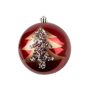 Bola de Natal Luxo Vermelha 12cm  Pinheiro Dourado, Missangas e Lantejoulas Decorativa