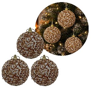 Kit 3 Bolas de Natal Luxo Champanhe e Branco 8cm com Missangas e Lantejoulas Decorativas