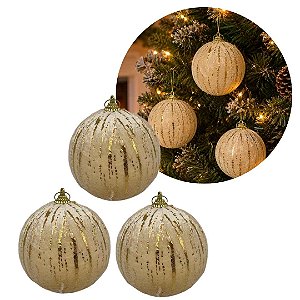 Kit 3 Bolas de Natal Bege Aveludadas 8cm com Rajado Dourado Luxo Decorativas