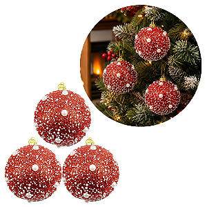 Kit 3 Bolas de Natal Vermelhas 8cm Glitter Luxo com Pérolas Brancas Decorativas - Magizi
