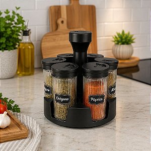Porta Condimentos Base Giratória com 6 Potes Vidro Lines 85ml Tampa e Adesivos - Belovidro
