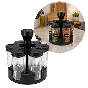 Jogo Porta Condimentos Giratório 6 Potes de Vidro Listras 85ml com Base - Belovidro