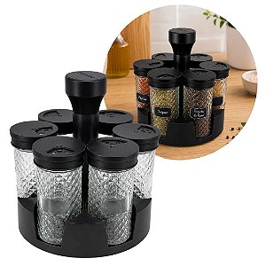 Jogo Porta Condimentos Giratório 6 Potes de Vidro Diamond 85ml com Base - Belovidro
