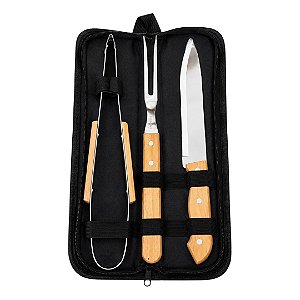 Kit Churrasco 3 Peças Aço Inox Cabo de Madeira com Maleta Pasta, Alça e Zíper