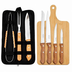 Kit 8 Peças Facas Tramontina Dynamic + Utensílios para Churrasco Aço Inox Cabo Madeira e Tábua Bambu