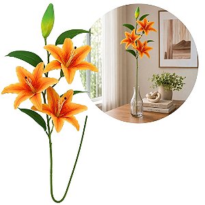 Haste Lírio Permanente 3D Silicone Laranja 100cm com 3 Flores e 1 Botão