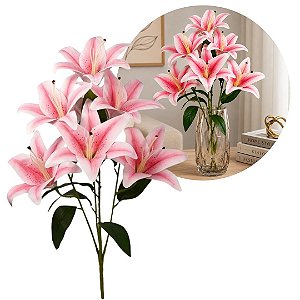 Buquê Permanente de Lírio Rosa 3D Silicone Premium 7 Flores 60cm