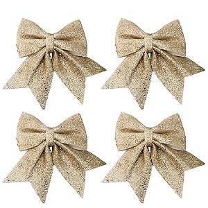 Kit 4 Laços Natalinos Champanhe 13x10cm com Glitter e Lantejoulas Luxo