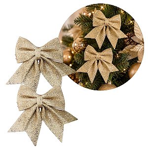 Kit 2 Laços Natalinos Champanhe 13x10cm com Glitter e Lantejoulas Luxo