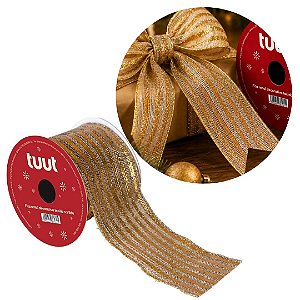 Fita Aramada Decorativa Champanhe Gold Listrada 6,3cm x 9,14m para Laços e Natal