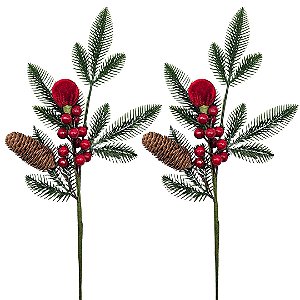 Jogo 2 Galhos Natalino Decorativo 47cm com Pinha, Berries e Bola Vermelha em Veludo Luxo