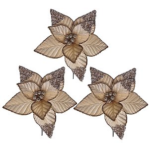 Kit 3 Flores Bico de Papagaio Natalina Veludo Champanhe 30cm com Glitter e Lantejoulas