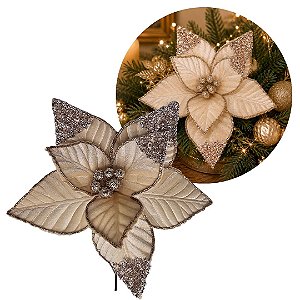 Flor Bico de Papagaio Natalina Veludo Champanhe 30cm com Glitter e Lantejoulas