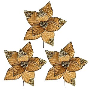Kit 3 Flores Bico de Papagaio Natalina Veludo Luxo Ouro Velho 30cm Borda Glitter e Lantejoulas Dourado