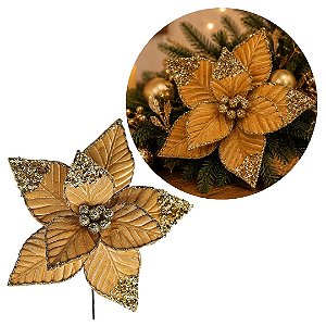 Flor Bico de Papagaio Natalina Veludo Luxo Ouro Velho 30cm Borda Glitter e Lantejoulas Dourado