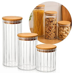 Kit 3 Potes Herméticos Redondo Vidro Borossilicato Listrado Tampa Bambu 550ml, 750ml e 1100ml