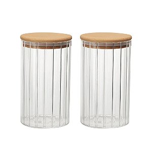 Kit 2 Potes Hermético Redondo Vidro Borossilicato Listras Clear Tampa de Bambu 750ml - Wellmix