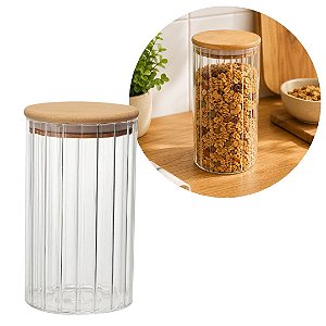 Pote Hermético Redondo Vidro Borossilicato Listrado Tampa de Bambu 750ml - Wellmix