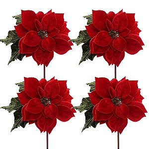 Kit 4 Flores Bico de Papagaio Natalina Veludo Vermelho 25cm com Folhagens Verdes Luxo