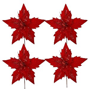 Kit 4 Flores Bico de Papagaio Natalina Gigante Veludo Vermelho 49cm com Glitter Luxo