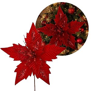 Flor Bico de Papagaio Natalina Gigante Veludo Vermelho 49cm com Glitter Luxo