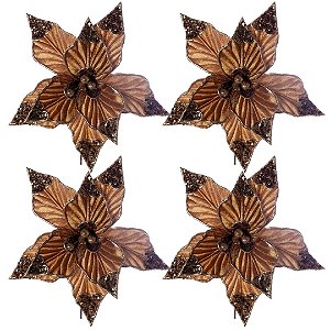 Kit 4 Flores Bico de Papagaio Natalina Veludo Marrom Luxo 30cm com Lantejoulas