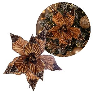 Flor Bico de Papagaio Natalina Veludo Marrom Luxo 30cm com Lantejoulas