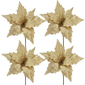 Kit 4 Flores Bico de Papagaio Natalina Dourada Full Glitter Quadriculada Prime 30cm
