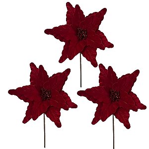 Kit 3 Flores Bico de Papagaio Natalina Pick Veludo Vermelho Luxo 30cm - Magizi