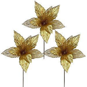 Kit 3 Flores Bico de Papagaio Natalina Dourada 25cm com Glitter e Pétalas Teladas Vazadas Luxo