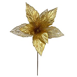 Flor Bico de Papagaio Natalina Dourada 25cm com Glitter e Pétalas Teladas Vazadas Luxo