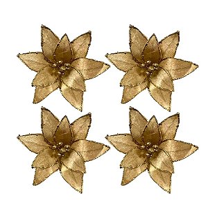 Kit 4 Flores Bico de Papagaio Natalina Veludo Champanhe 20cm com Glitter Dourado Luxo