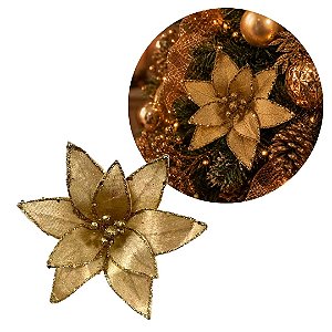 Flor Bico de Papagaio Natalina Veludo Champanhe 20cm com Glitter Dourado Luxo