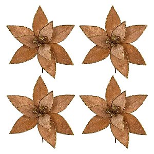 Kit 4 Flores Bico de Papagaio Natalina Veludo Ouro Velho 20cm com Glitter Dourado Luxo