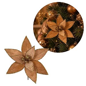 Flor Bico de Papagaio Natalina Veludo Ouro Velho 20cm com Glitter Dourado Luxo