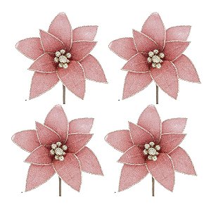 Kit 4 Flores Bico de Papagaio Natalina Veludo Rosê Gold 20cm com Glitter Dourado Luxo