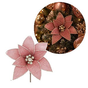 Flor Bico de Papagaio Natalina Veludo Rosê Gold 20cm com Glitter Dourado Luxo