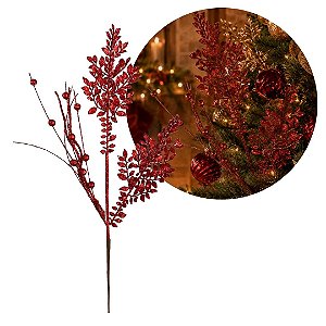 Galho Natalino Decorativo Folhagens e Berries Vermelho com Glitter 74cm