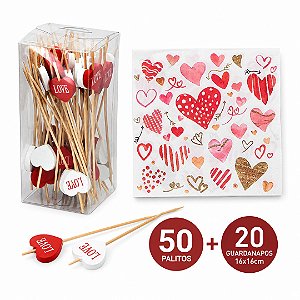 Kit Love 50 Palitos de Aperitivo Bambu + 20 Guardanapos Coração Vermelho e Branco