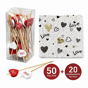 Kit Petisco 50 Palitos de Aperitivo Bambu Coração Love + 20 Guardanapos Decorados
