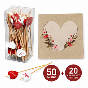 Kit 50 Palitos de Aperitivo Bambu Coração Love + 20 Guardanapos Decorados Folha Dupla