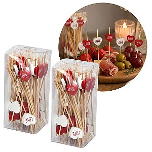 Kit 100 Palitos de Aperitivo Bambu 12cm Coração Love Vermelho e Branco - Tuut