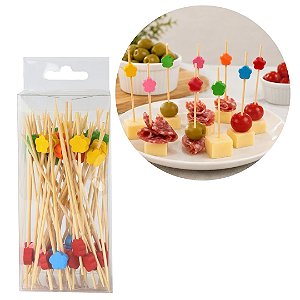 Kit 50 Palitos de Aperitivo Bambu Flowers Longo 12cm com Flores Coloridas