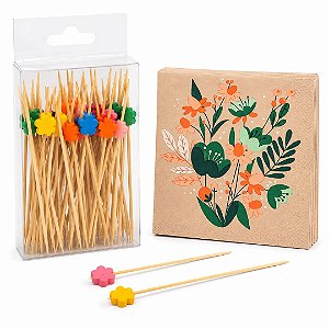 Kit Floral 50 Palitos de Aperitivo Flowers Coloridos + 20 Guardanapos Decorados Folha Dupla