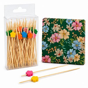 Kit 50 Palitos de Aperitivo Flores Color + 20 Guardanapos Decorados Folha Dupla Prime