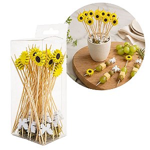 Kit 50 Palitos de Aperitivo Bambu 12cm Girassol e Borboletas Decorados
