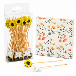 Kit Floral 50 Palitos de Aperitivo Girassol e Borboletas + 20 Guardanapos Decorados