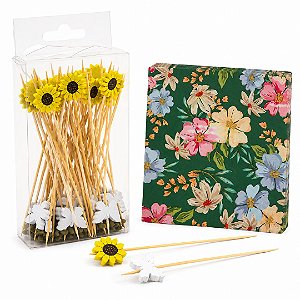 Kit Para Petisco 50 Palitos de Aperitivo Decorados Girassol e Borboletas + 20 Guardanapos Folhas Duplas