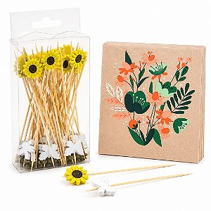 Conjunto 50 Palitos de Aperitivo Decorados Girassol e Borboletas + 20 Guardanapos Estampado Folhas Duplas