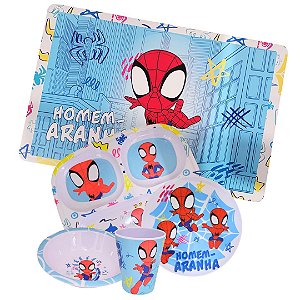 Kit Refeição Infantil Homem-Aranha Melamina 5 Peças Oficial Copo, Pratos, Bowl e Jogo Americano